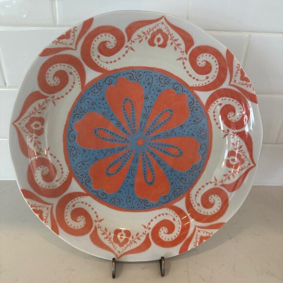 Anthropologie Orange and Blue Floral Boho 10.5" Dinner Plate Retired Design - Picture 1 of 3